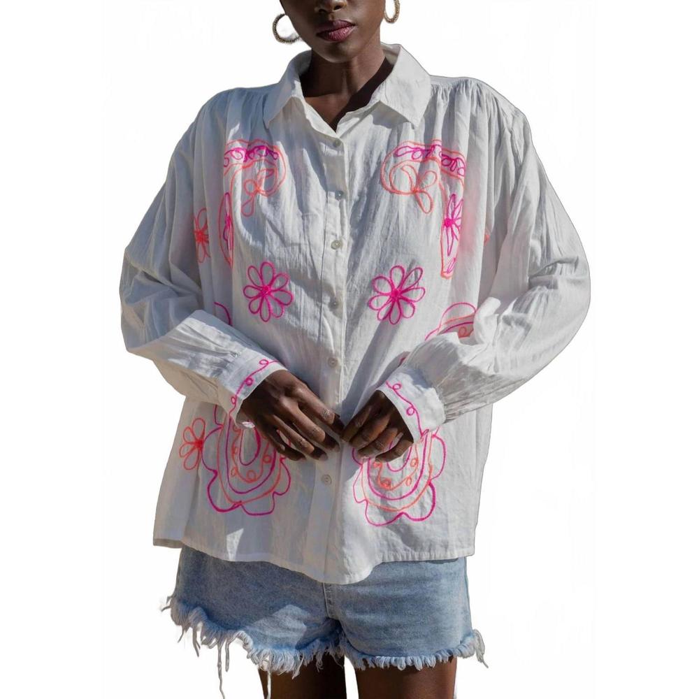 NEW GOLD & SILVER embroidered cotton button down shirt in white